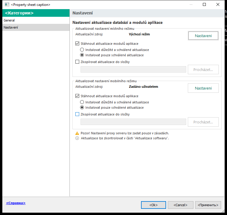 Okno Aktualizace nastavení úlohy. Uživatel může nakonfigurovat aktualizaci v místním a mobilním režimu.