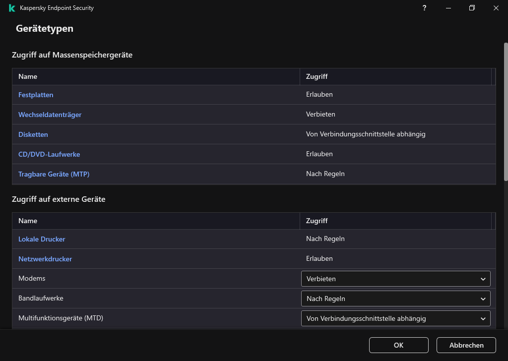 Fenster zum Konfigurieren des Zugriffs auf Geräte. Der Benutzer kann den Zugriff auf Geräte konfigurieren und zusätzliche Zugriffseinstellungen festlegen, z. B. einen Zugriffszeitplan.