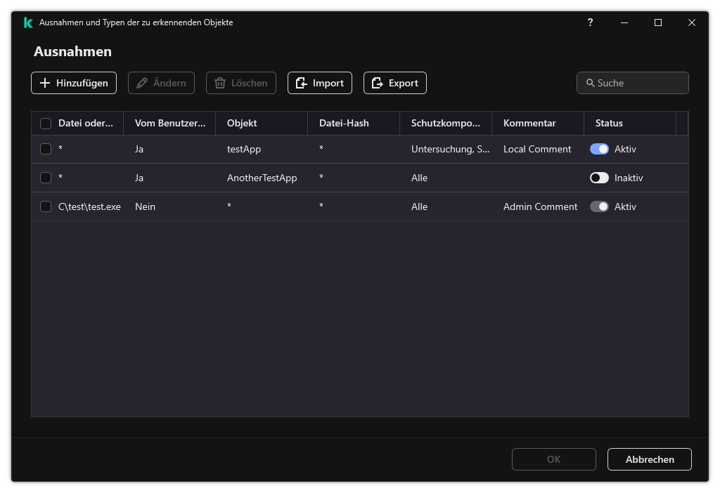 Ein Fenster mit der Liste der Ausnahmen. Die Eigenschaften der Ausnahme werden angezeigt. Der Benutzer kann Ausnahmen hinzufügen, bearbeiten oder löschen.
