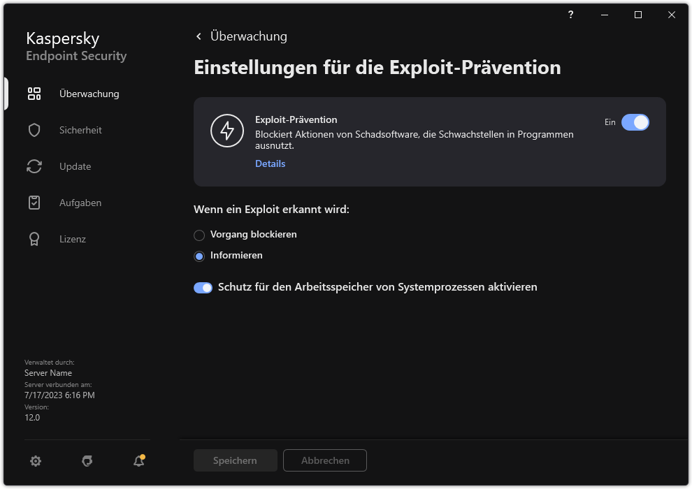 Fenster mit den Einstellungen der "Exploit-Prävention"