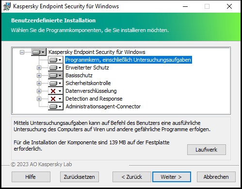 Fenster des Installationsprogramms mit einer Liste der Komponenten, die der Benutzer auswählen kann.
