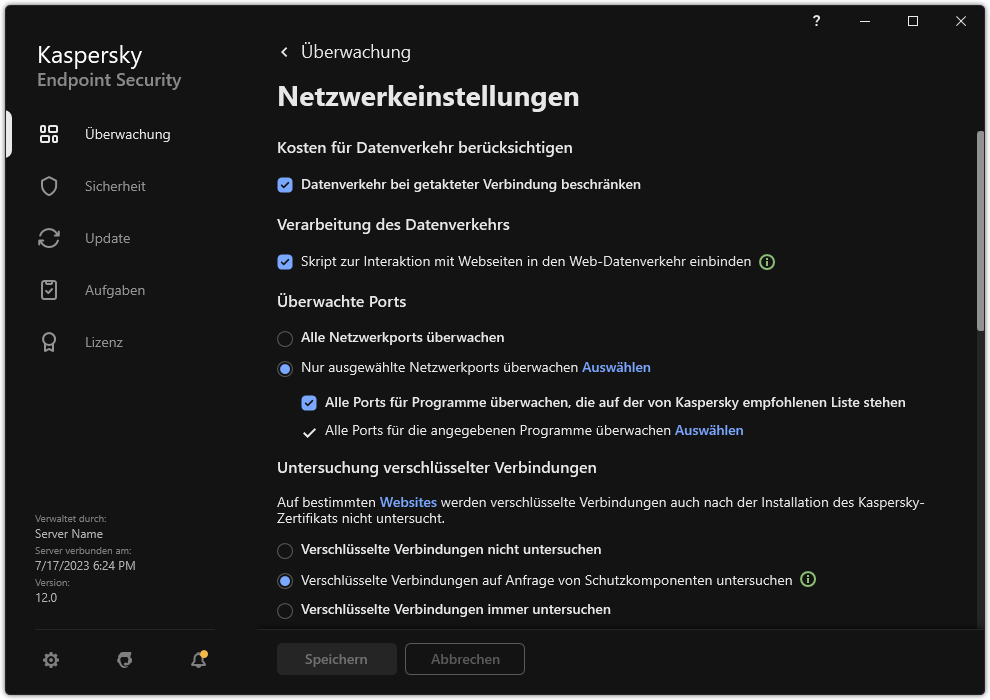 Fenster mit den Netzwerkeinstellungen für die App.