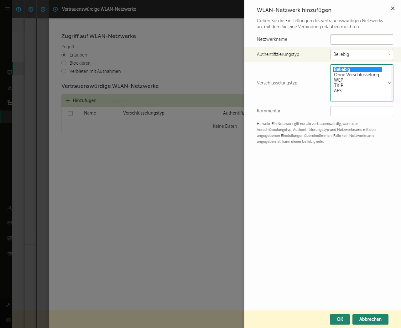 Das Fenster enthält die Einstellungen des vertrauenswürdigen WLAN-Netzwerks.