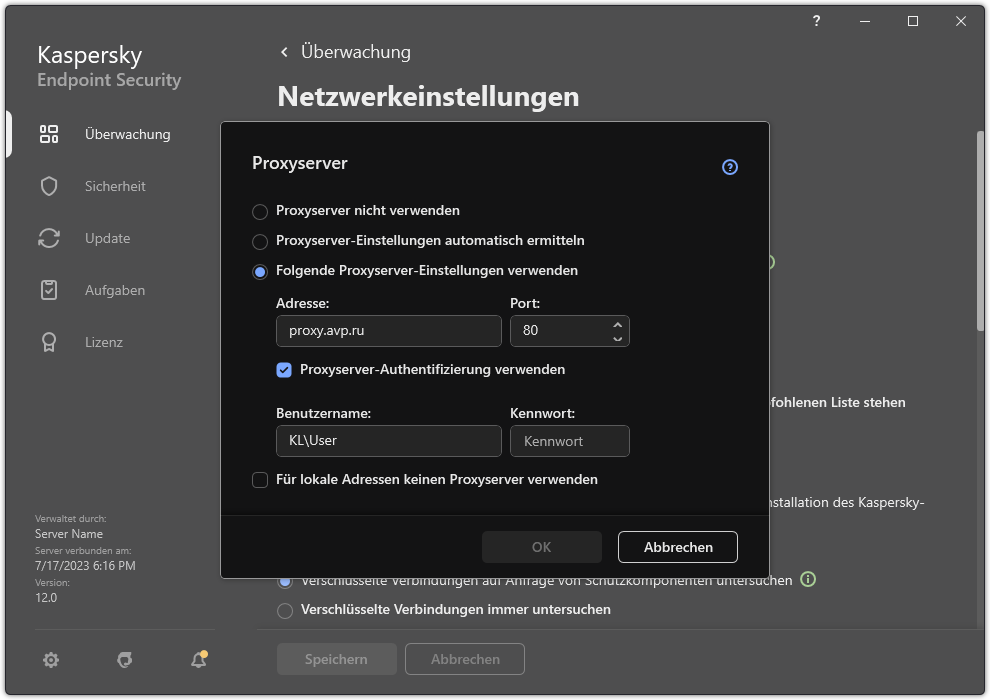 Das Fenster zum Konfigurieren der Proxyserver-Verbindung. Der Benutzer kann die Adresse des Proxyservers und Anmeldedaten für die Verbindung mit dem Proxyserver festlegen.