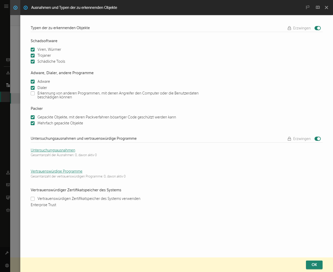 Fenster mit Einstellungen für Ausnahmen. Der Benutzer kann Ausnahmen und vertrauenswürdige Apps hinzufügen.