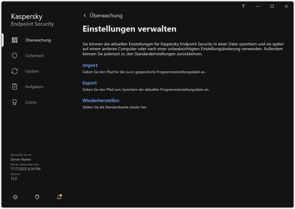 Fenster mit Einstellungen für Ausnahmen. Der Benutzer kann App-Einstellungen exportieren, importieren oder wiederherstellen.