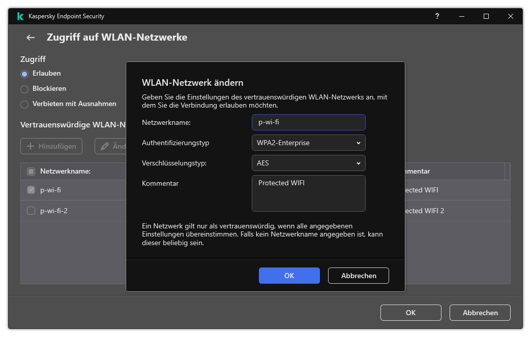 Das Fenster enthält die Einstellungen des vertrauenswürdigen WLAN-Netzwerks.