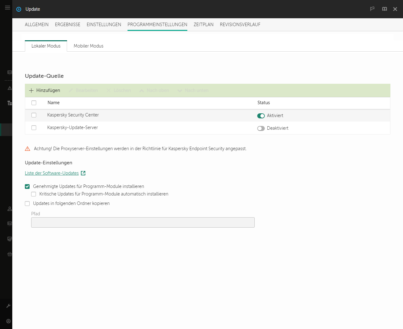 Ein Fenster mit einer Liste der Update-Quellen. Der Benutzer kann Update-Quellen hinzufügen und jeder Quelle eine Priorität zuweisen.
