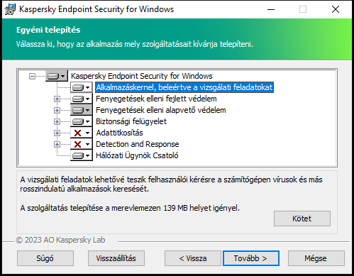 Telepítőablak azon összetevők listájával, amelyeket a felhasználó kiválaszthat.