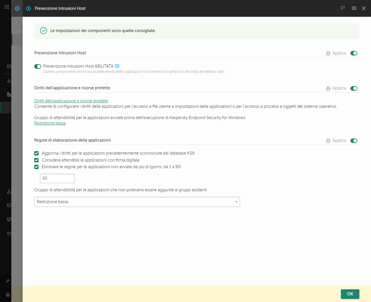 Finestra Impostazioni di Prevenzione intrusioni.
