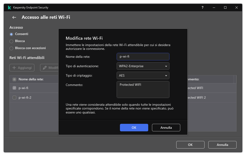 La finestra contiene le impostazioni della rete Wi-Fi attendibile.