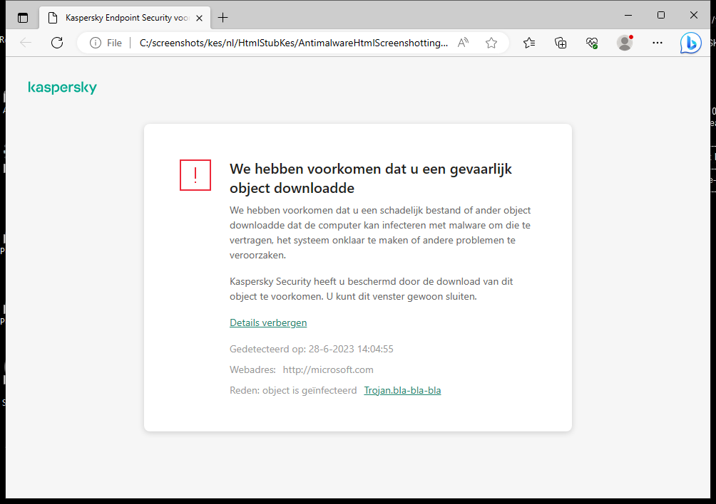 Kaspersky-melding over het voorkomen dat kwaadaardig object wordt geladen in het browservenster.
