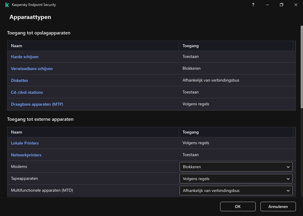 Venster voor het configureren van toegang tot apparaten. De gebruiker kan de toegang tot apparaten configureren en aanvullende toegangsparameters instellen, zoals het toegangsschema.