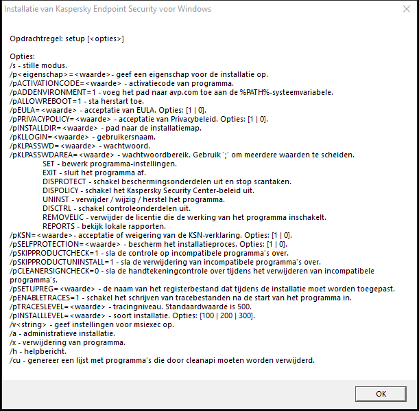 Knopinfo-venster met een beschrijving van de opdrachtopties om het programma via CMD te installeren.