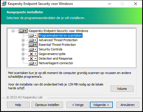 Installatievenster met een lijst componenten die een gebruiker kan selecteren.