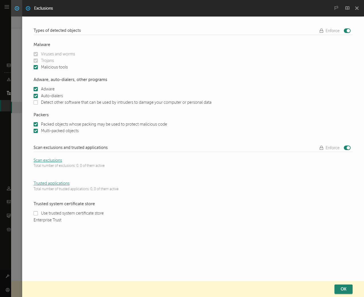 Venster instellingen voor uitzonderingen. De gebruiker kan uitsluitingen en vertrouwde programma's toevoegen.