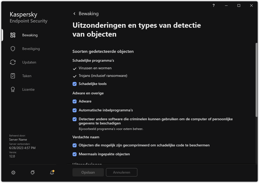 Venster instellingen voor uitzonderingen. De gebruiker kan soorten detecteerbare objecten selecteren en objecten toevoegen aan uitzonderingen.