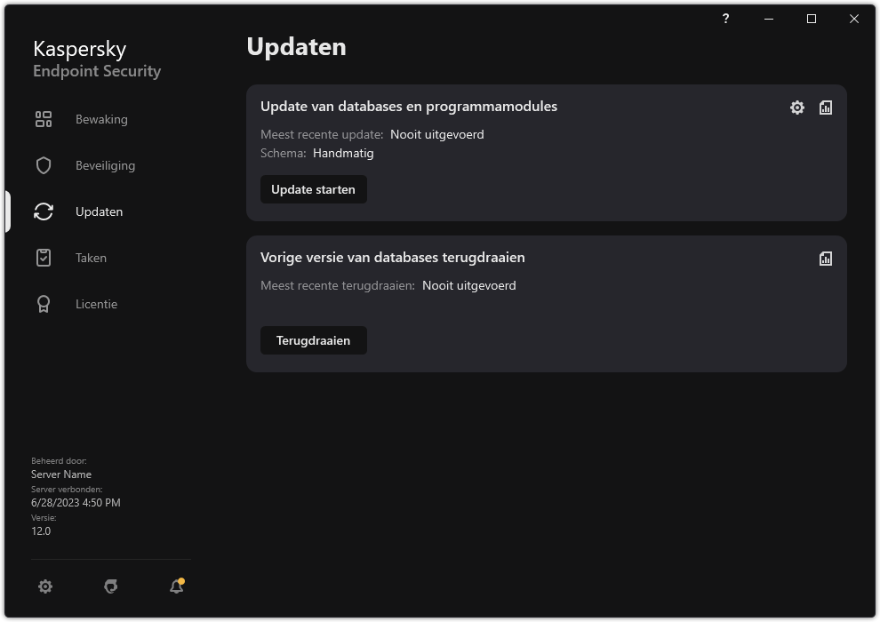 Een venster met de lijst met lokale updatetaken. De gebruiker kan de update van databases en programmamodules starten, en ook de laatste update terugdraaien.