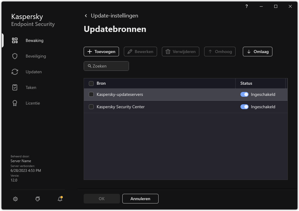 Een venster met de lijst met updatebronnen. De gebruiker kan updatebronnen toevoegen en een prioriteit aan de bron toewijzen.