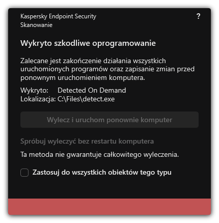 Powiadomienie o wykryciu złośliwego oprogramowania. Użytkownik może przeprowadzić leczenie z ponownym uruchomieniem komputera lub bez niego.