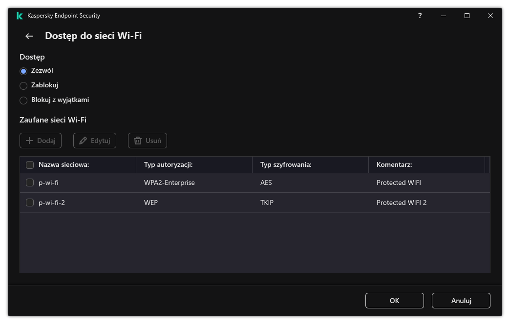 Okno z listą sieci Wi-Fi. Użytkownik może skonfigurować dostęp do wszystkich sieci Wi-Fi oraz dodać zaufane sieci Wi-Fi.