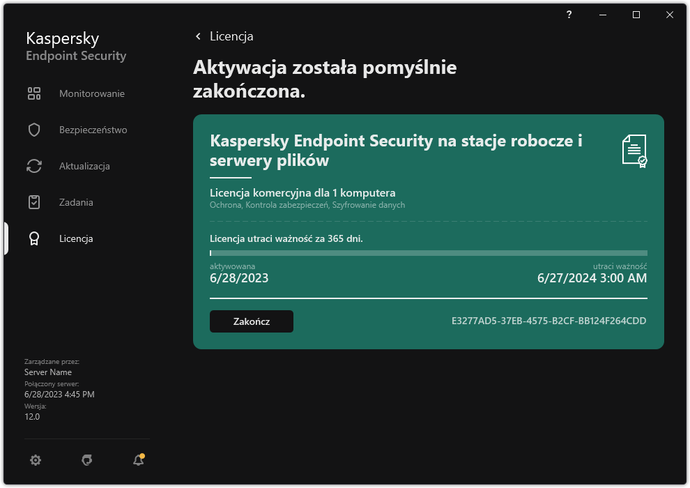 Okno zawiera informacje o licencji: datę wygaśnięcia, dostępne funkcje i inne informacje.