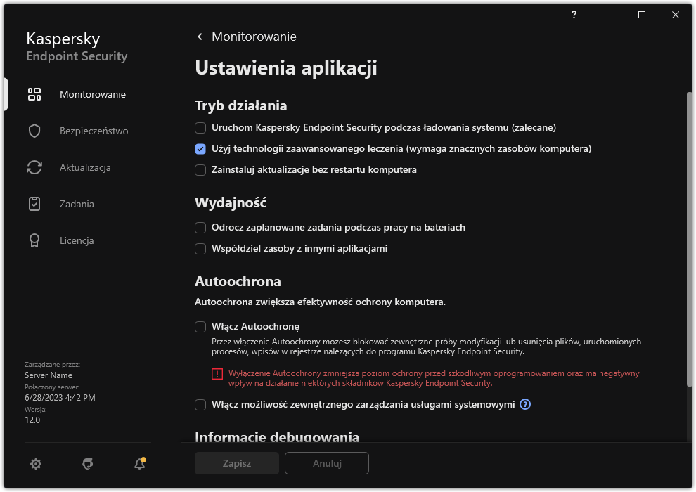 Okno ustawień aplikacji. Użytkownik może skonfigurować wydajność, autoochronę i inne ustawienia.