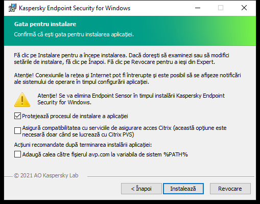 Fereastra cu setările de instalare: protecție la instalare, compatibilitate cu Citrix PVS, variabilă de sistem pentru avp.com.