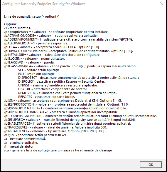 Fereastra Sfat ecran care descrie opțiunile de comandă pentru instalarea aplicației prin CMD.