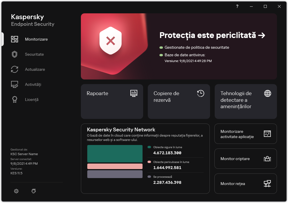Fereastra principală a aplicației când există amenințări neprocesate. Este afișat mesajul &bdquo;Securitatea este periclitată&rdquo;.