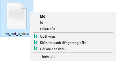 Menu ngữ cảnh tập tin kèm các mục của Kaspersky: quét phần mềm độc hại, kiểm tra danh tiếng trong KSN, tạo kho lưu trữ được mã hóa.