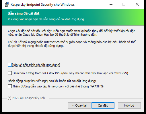 Cửa sổ thiết lập cài đặt: bảo vệ cài đặt, khả năng tương thích với Citrix PVS, biến hệ thống cho avp.com.