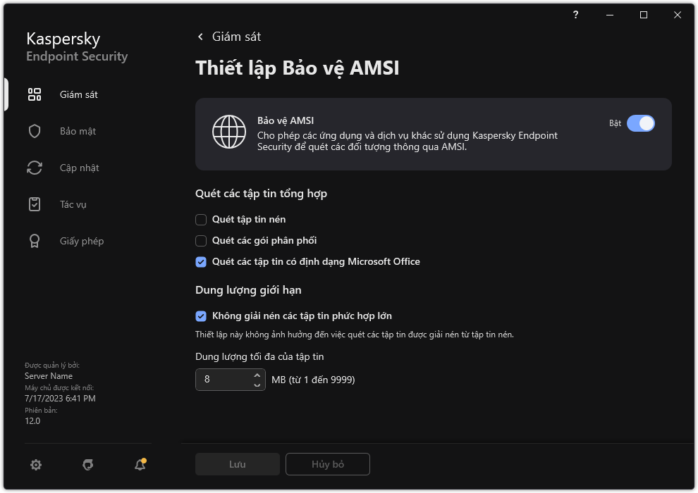 Cửa sổ thiết lập Bảo vệ AMSI.