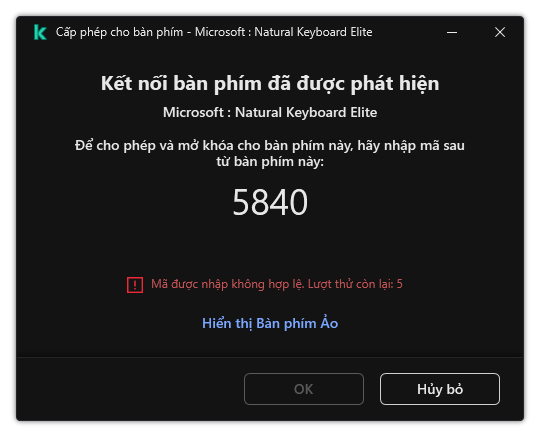 Cửa sổ chứa mã cho phép sử dụng bàn phím. Người dùng có thể kích hoạt bàn phím ảo và nhập mã.