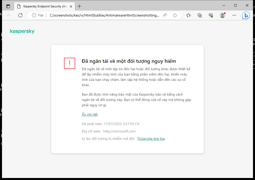Thông báo của Kaspersky về việc ngăn đối tượng độc hại nạp vào trong cửa sổ trình duyệt.