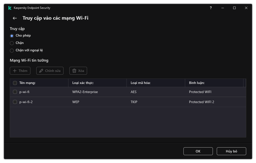 Cửa sổ chứa danh sách các mạng Wi-Fi. Người dùng có thể cấu hình quyền truy cập tất cả các mạng Wi-Fi và thêm các mạng Wi-Fi được tin tưởng.