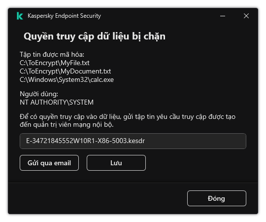 Một cửa sổ có tập tin yêu cầu truy cập dữ liệu được mã hóa. Người dùng có thể lưu tập tin đã tạo vào đĩa hoặc gửi tập tin qua email.