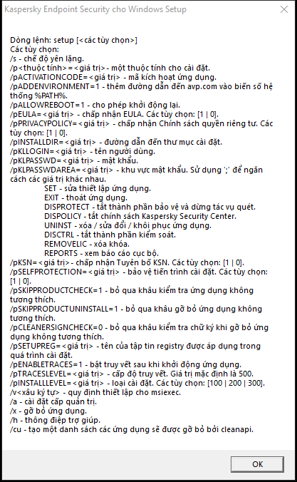 Cửa sổ chú giải công cụ, mô tả các tùy chọn lệnh để cài đặt ứng dụng qua CMD.