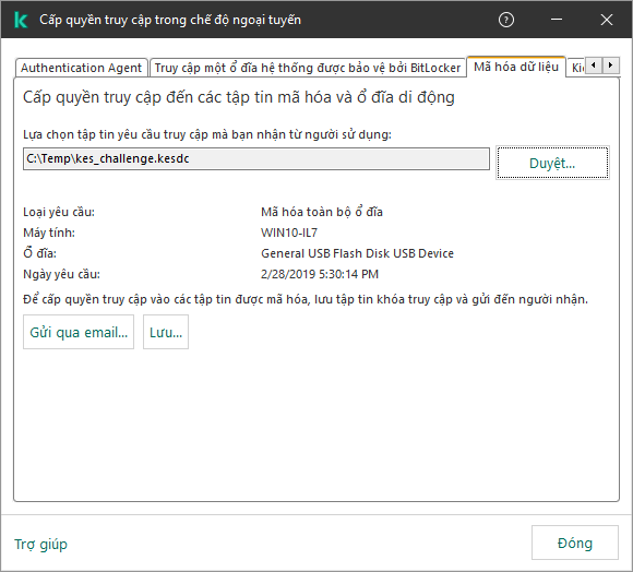 Cửa sổ chứa một trường để chọn tập tin truy cập yêu cầu. Người dùng có thể lưu tập tin khóa truy cập đã tạo vào đĩa hoặc gửi qua email.