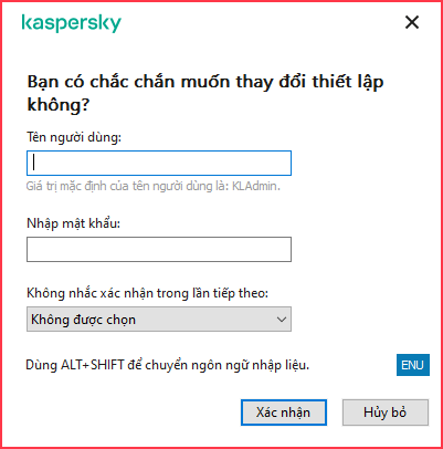 Cửa sổ chứa các trường để nhập tên người dùng và mật khẩu. Người dùng có thể chọn khoảng thời gian mà ứng dụng không nhắc nhập mật khẩu.