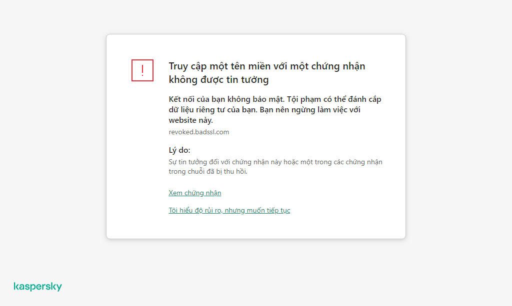 Thông báo của Kaspersky về việc truy cập miền có chứng chỉ không được tin tưởng trong cửa sổ trình duyệt. Người dùng có thể tiếp tục làm việc.