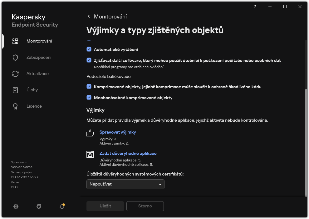 Okno nastavení výjimek. Uživatel může přidávat výjimky a důvěryhodné aplikace.