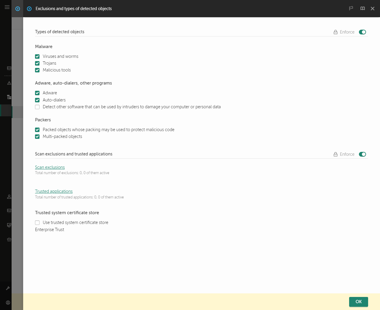 Okno nastavení výjimek. Uživatel může přidávat výjimky a důvěryhodné aplikace.