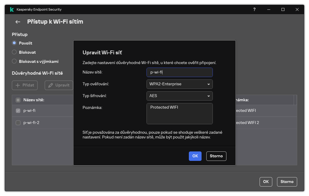 Okno obsahuje nastavení důvěryhodné Wi-Fi sítě.