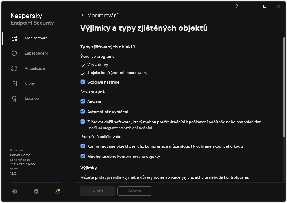 Okno nastavení výjimek. Uživatel může vybrat typy zjišťovaných objektů a přidat objekty do výjimek.