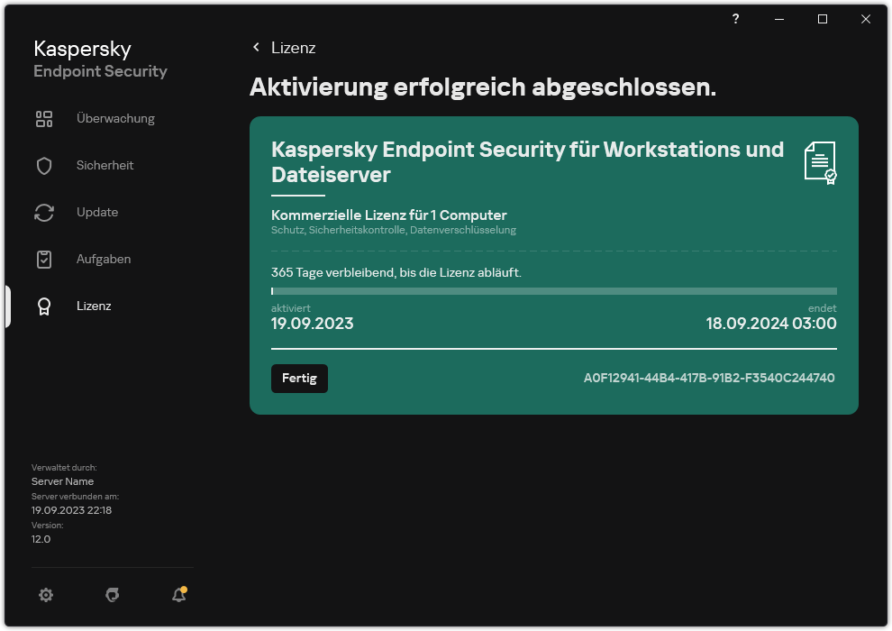 Das Fenster enthält Informationen über die Lizenz: Ablaufdatum, verfügbare Funktionen und andere Informationen.