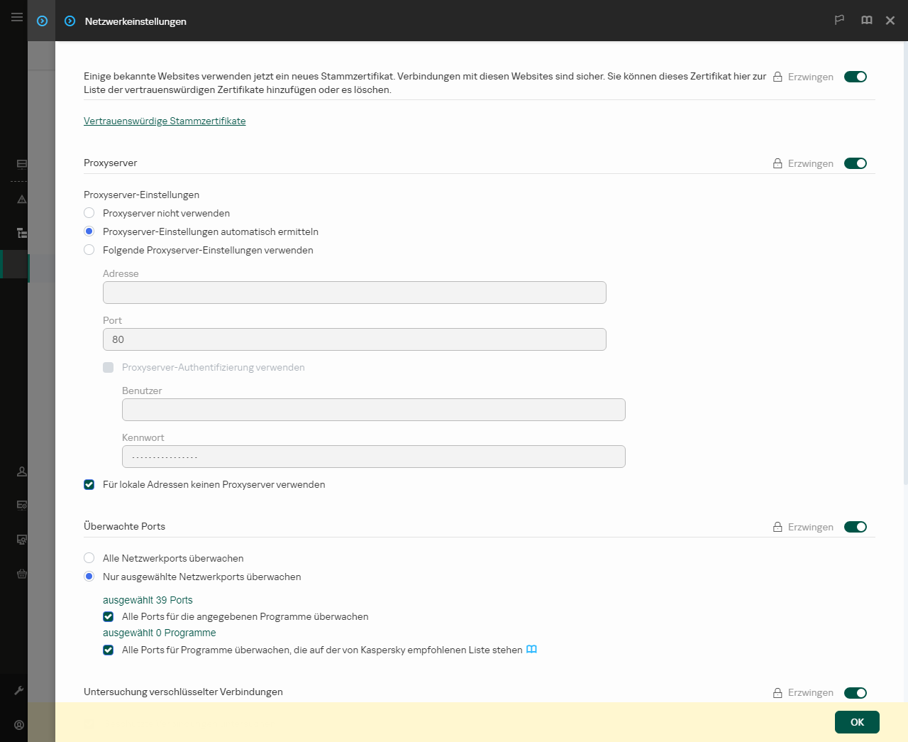 Fenster mit den Netzwerkeinstellungen für die App. Der Benutzer kann die Proxyserver-Einstellungen konfigurieren.