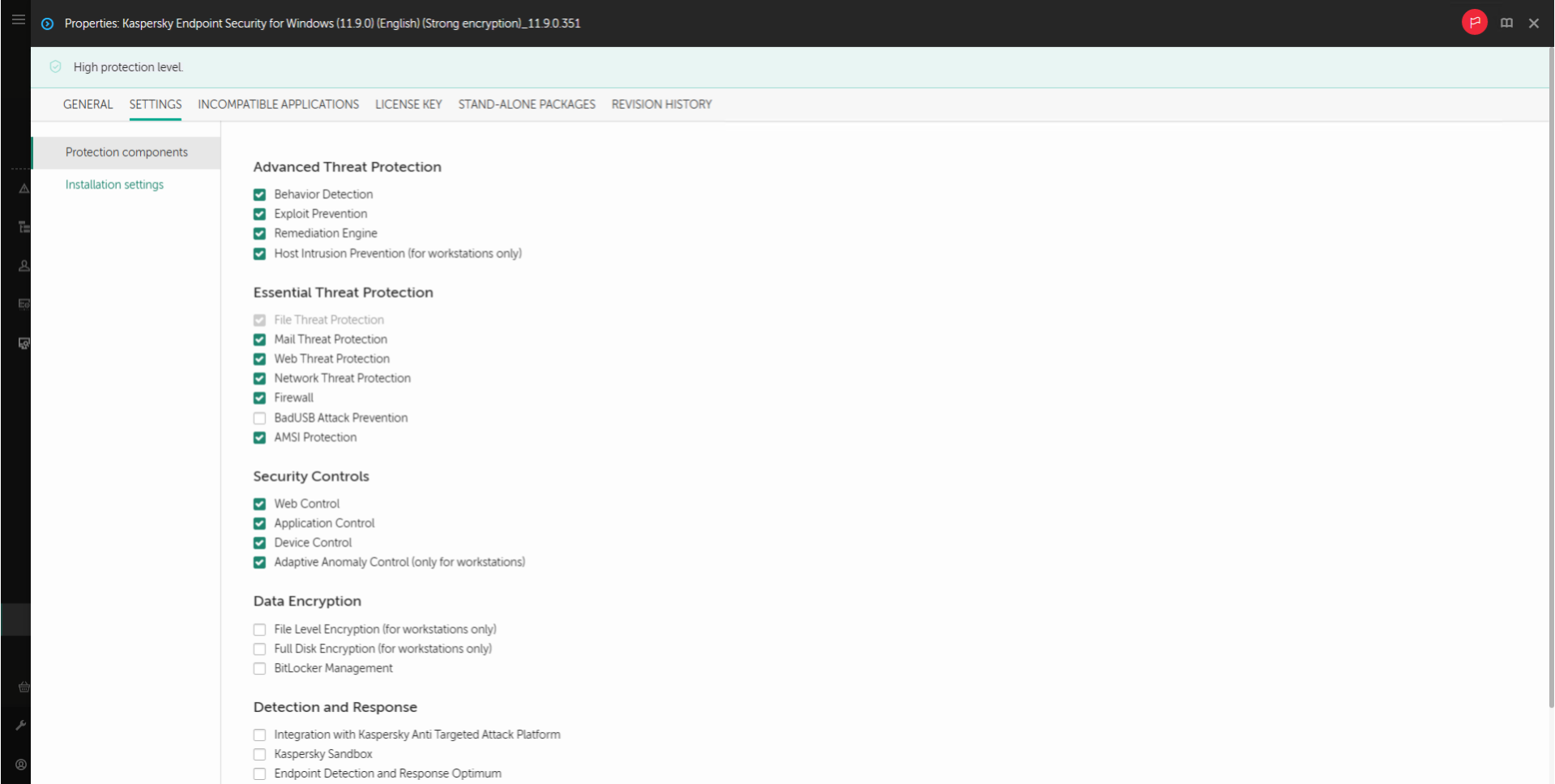Eigenschaftenfenster des Installationspakets. Sie können auswählen, welche App-Komponenten Sie einbeziehen möchten.