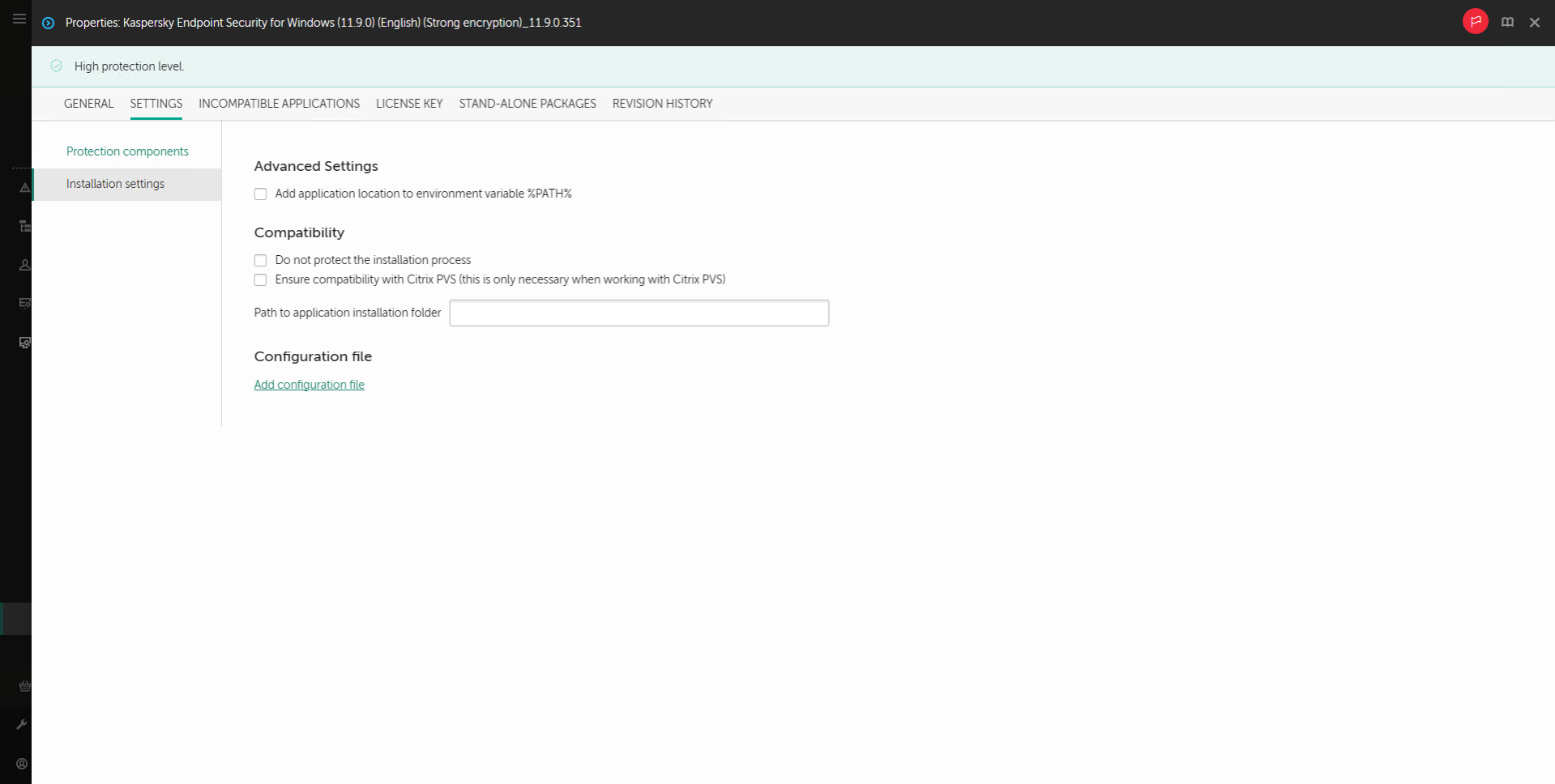 Eigenschaftenfenster des Installationspakets. Sie können die Installation der App konfigurieren.