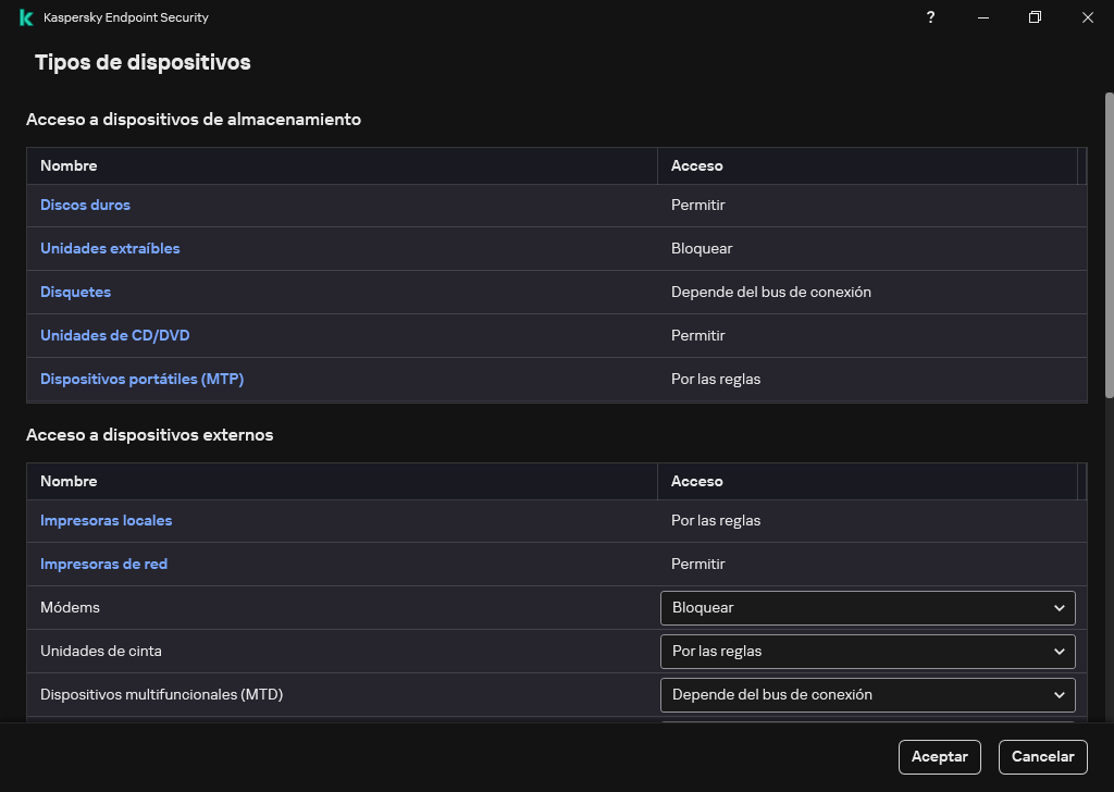 Ventana para configurar el acceso a los dispositivos. El usuario puede configurar el acceso a los dispositivos y establecer parámetros de acceso adicionales, como el horario de acceso.